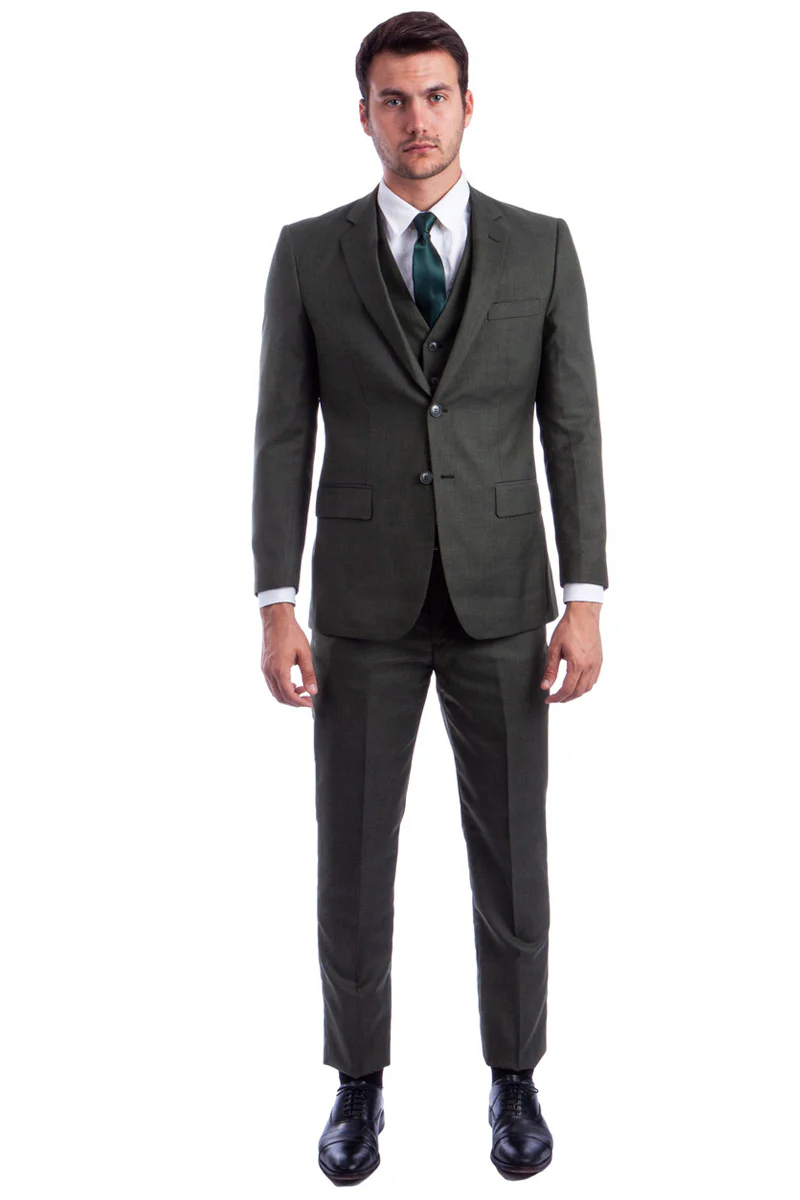 Men's Two Button Hybrid Fit Vested Sharkskin Wedding & Business Suit in Olive Green - Image 2