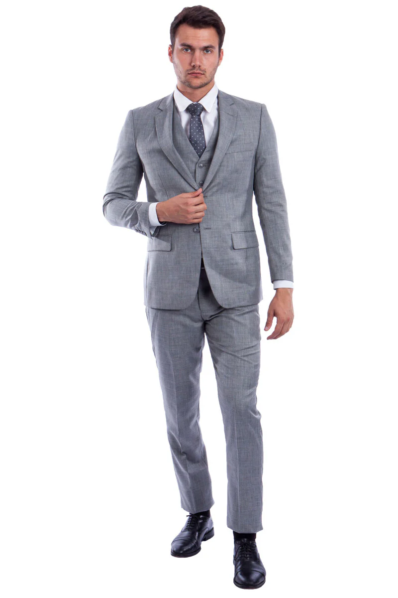 Men's Two Button Hybrid Fit Vested Sharkskin Wedding & Business Suit in Stone Grey - Image 2
