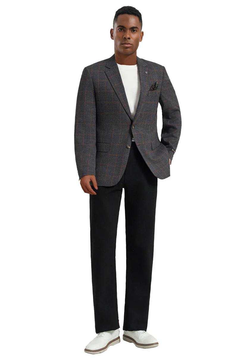Men's Two Button Modern Fit Business Sport Coat in Charcaol Grey & Rust Windowpane Plaid - Image 2