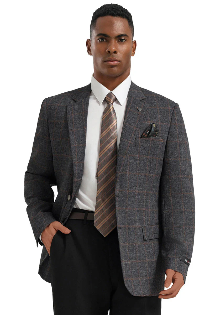 Men's Two Button Modern Fit Business Sport Coat in Charcaol Grey & Rust Windowpane Plaid - Image 3