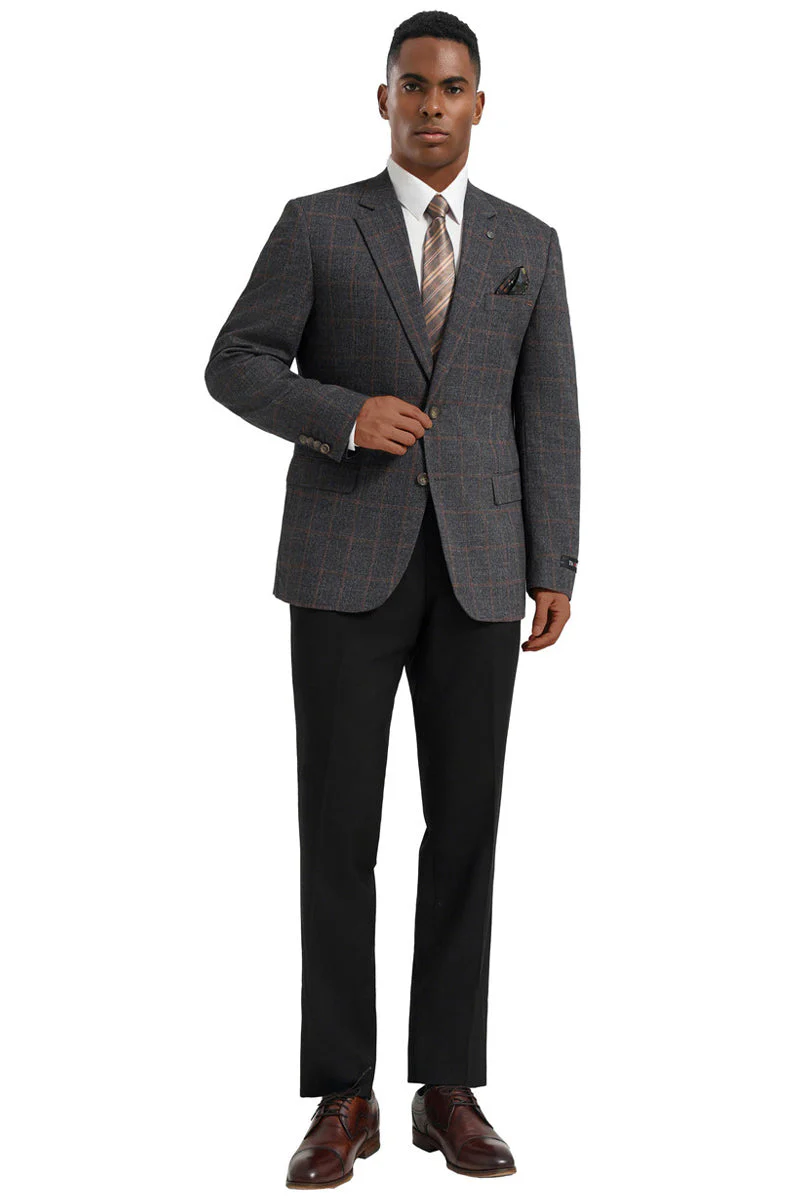 Men's Two Button Modern Fit Business Sport Coat in Charcaol Grey & Rust Windowpane Plaid - Image 4