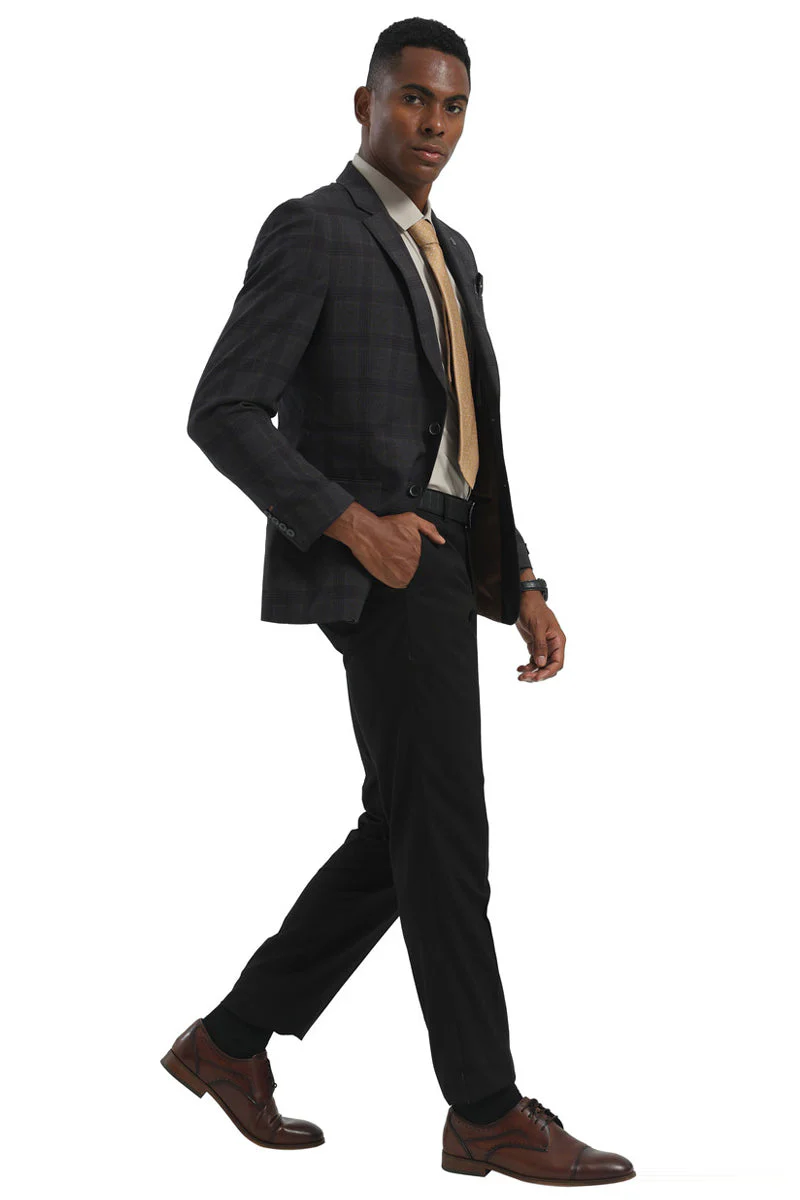 Men's Two Button Modern Fit Business Sport Coat in Charcoal Grey Multi Windowpane Plaid - Image 2