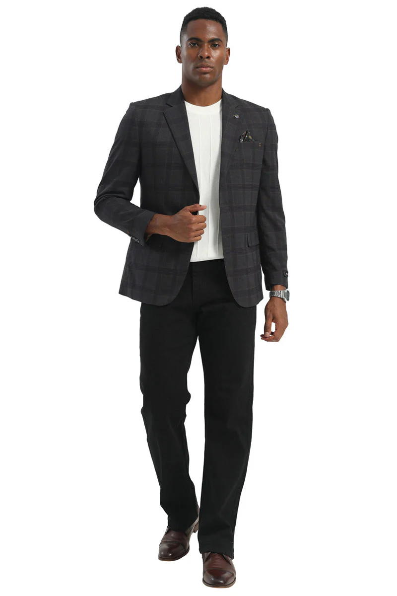 Men's Two Button Modern Fit Business Sport Coat in Charcoal Grey Multi Windowpane Plaid - Image 3
