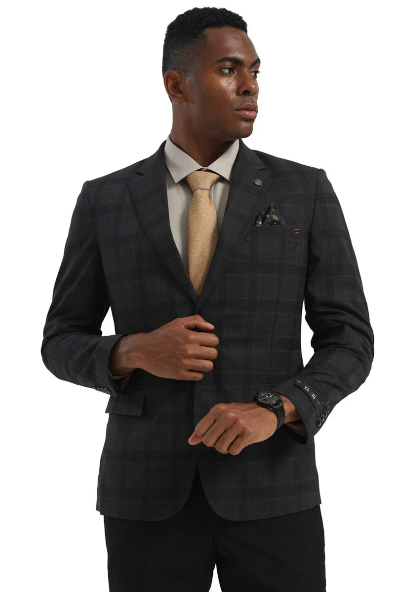 Men's Two Button Modern Fit Business Sport Coat in Charcoal Grey Multi Windowpane Plaid - Image 4