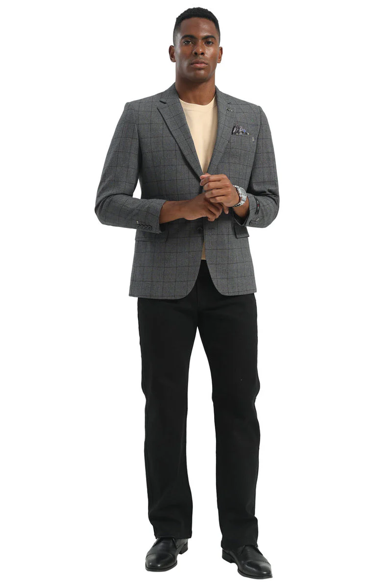 Men's Two Button Modern Fit Business Sport Coat in Charcoal Grey Windowpane Plaid - Image 2