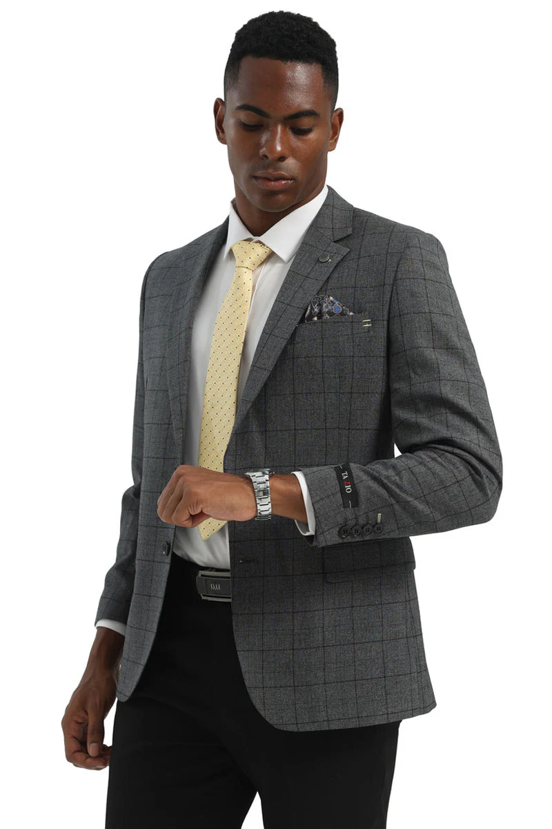 Men's Two Button Modern Fit Business Sport Coat in Charcoal Grey Windowpane Plaid - Image 3
