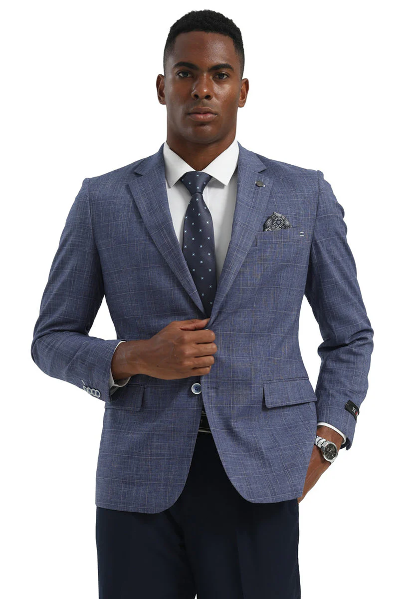 Men's Two Button Modern Fit Business Sport Coat in Light Blue Glen Plaid - Image 4