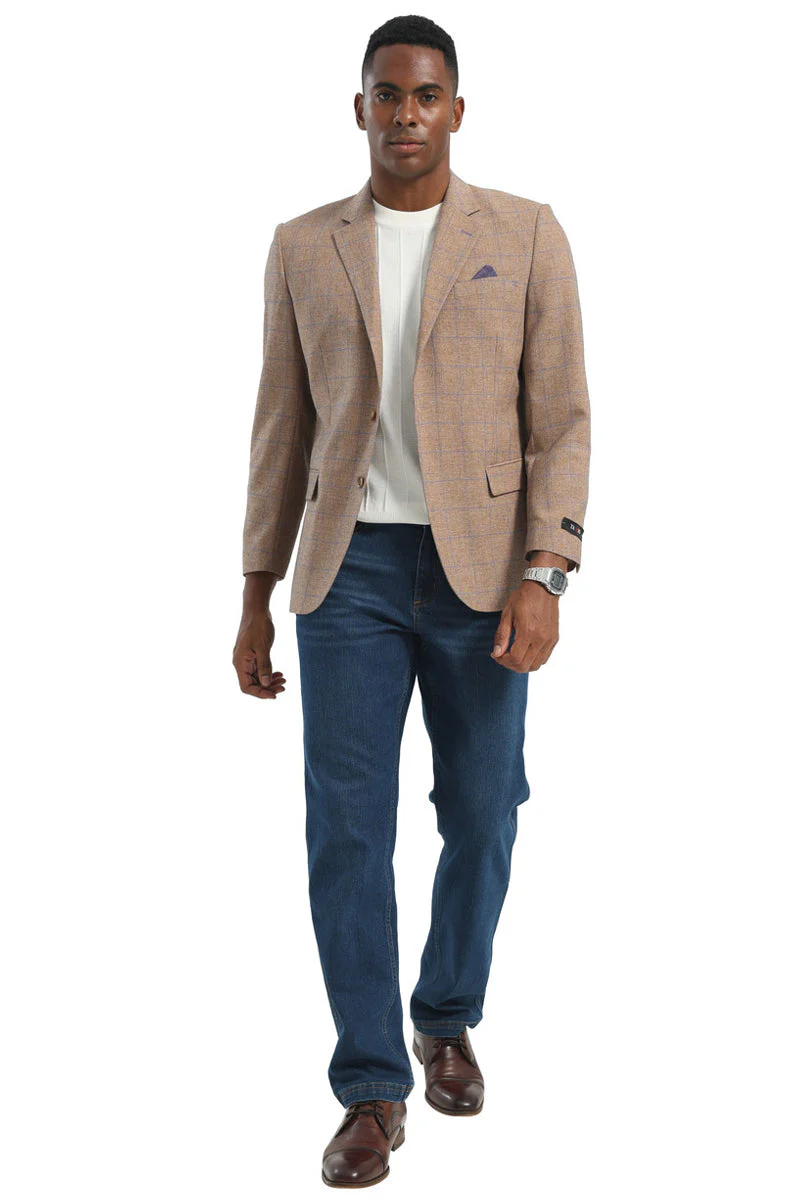 Men's Two Button Modern Fit Business Sport Coat in Light Brown Tan Windowpane Plaid - Image 2
