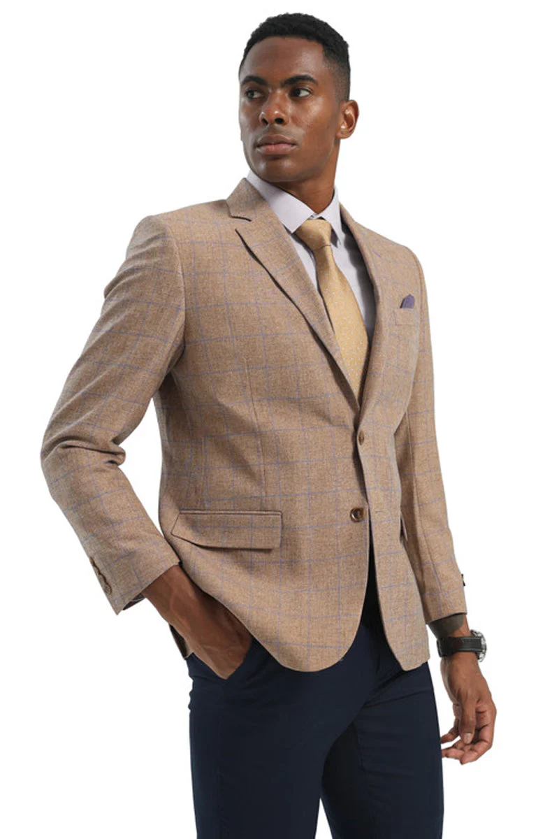 Men's Two Button Modern Fit Business Sport Coat in Light Brown Tan Windowpane Plaid - Image 3