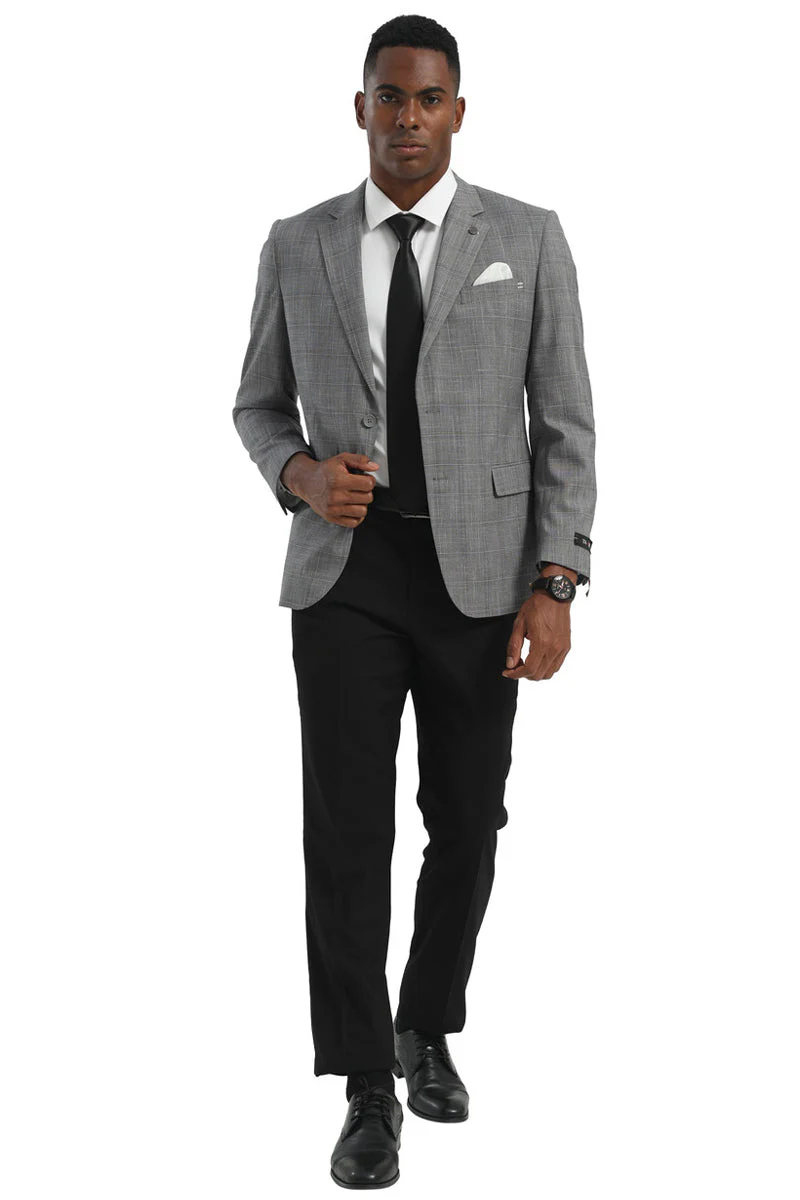 Men's Two Button Modern Fit Business Sport Coat in Light Grey Glen Plaid - Image 4
