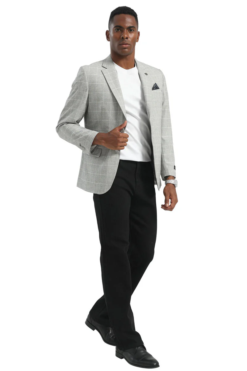 Men's Two Button Modern Fit Business Sport Coat in Light Grey Windowpane Plaid - Image 2