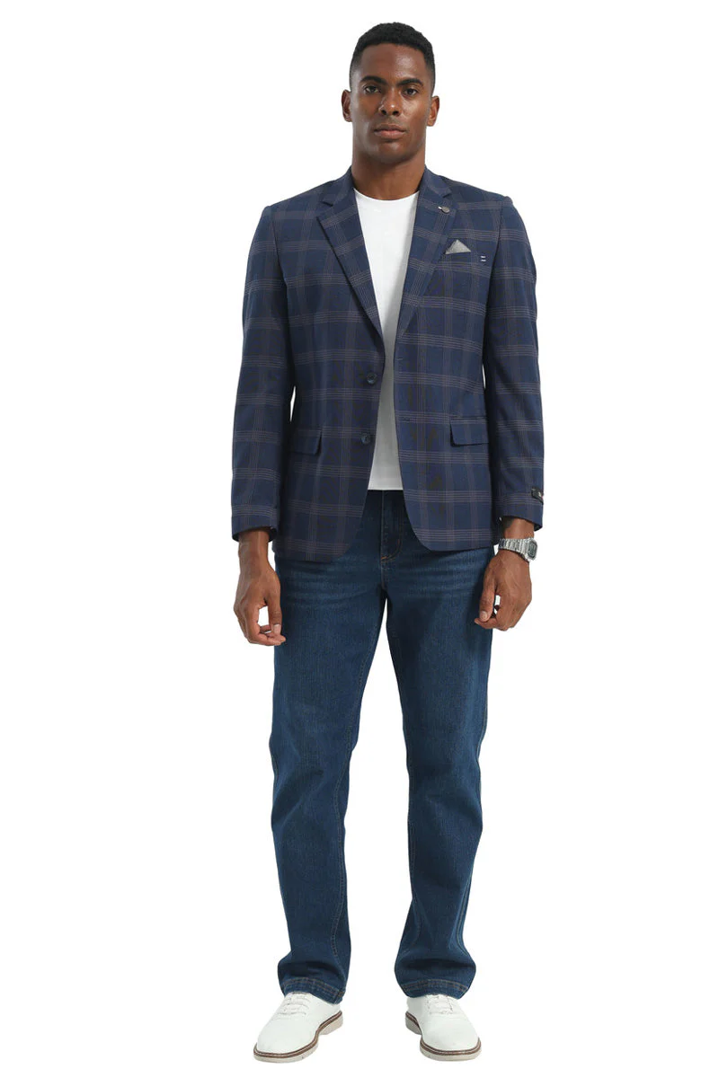 Men's Two Button Modern Fit Business Sport Coat in Navy Blue Multi Windowpane Plaid - Image 2