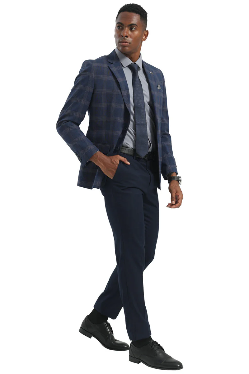 Men's Two Button Modern Fit Business Sport Coat in Navy Blue Multi Windowpane Plaid - Image 3