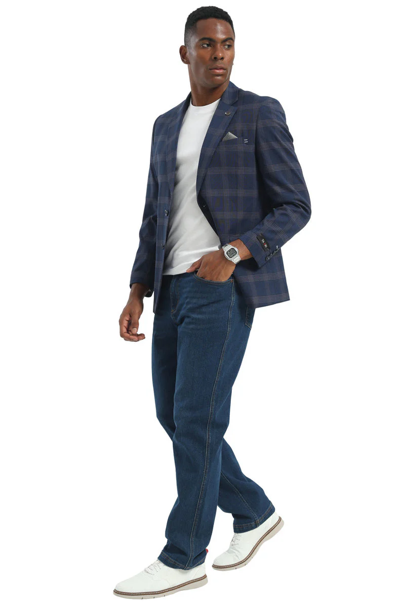 Men's Two Button Modern Fit Business Sport Coat in Navy Blue Multi Windowpane Plaid - Image 4