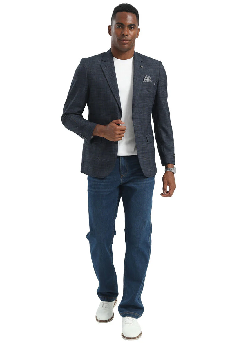 Men's Two Button Modern Fit Business Sport Coat in Navy Blue Plaid - Image 2