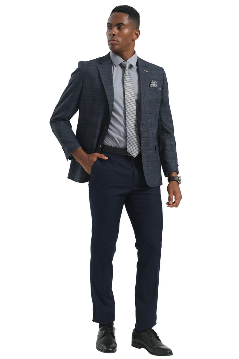 Men's Two Button Modern Fit Business Sport Coat in Navy Blue Plaid - Image 3