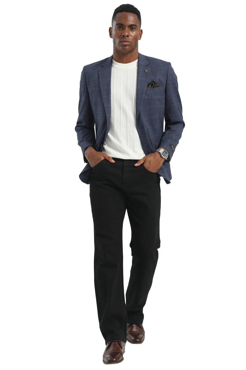 Men's Two Button Modern Fit Business Sport Coat in Navy Blue & Tan Windowpane Plaid - Image 2