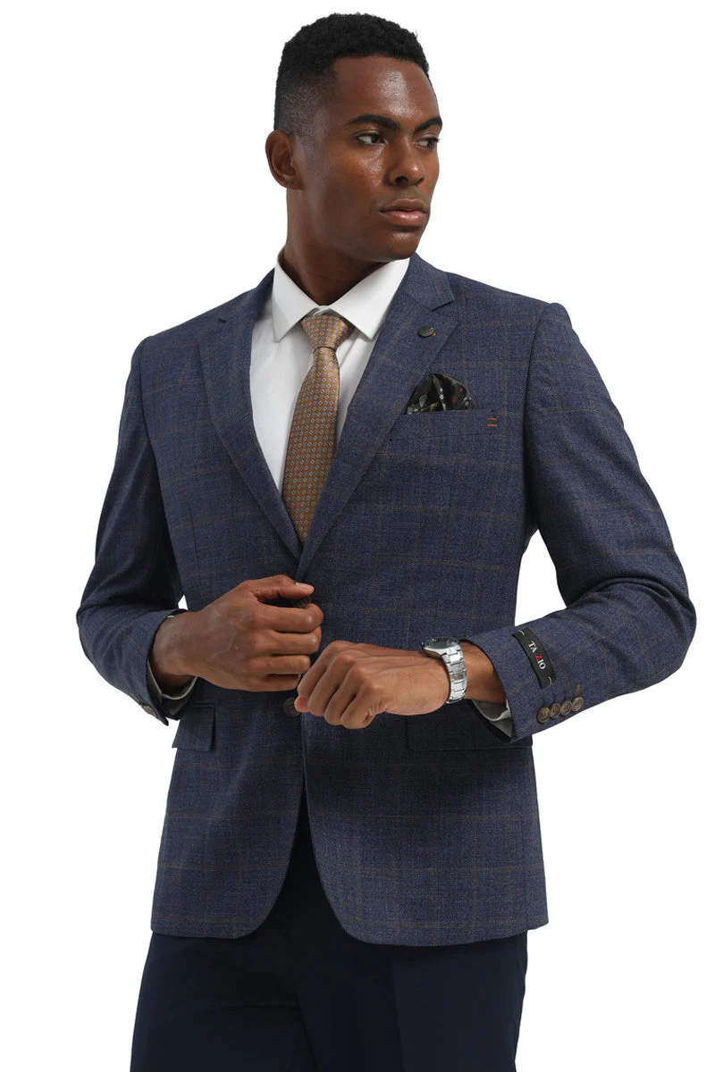 Men's Two Button Modern Fit Business Sport Coat in Navy Blue & Tan Windowpane Plaid - Image 3