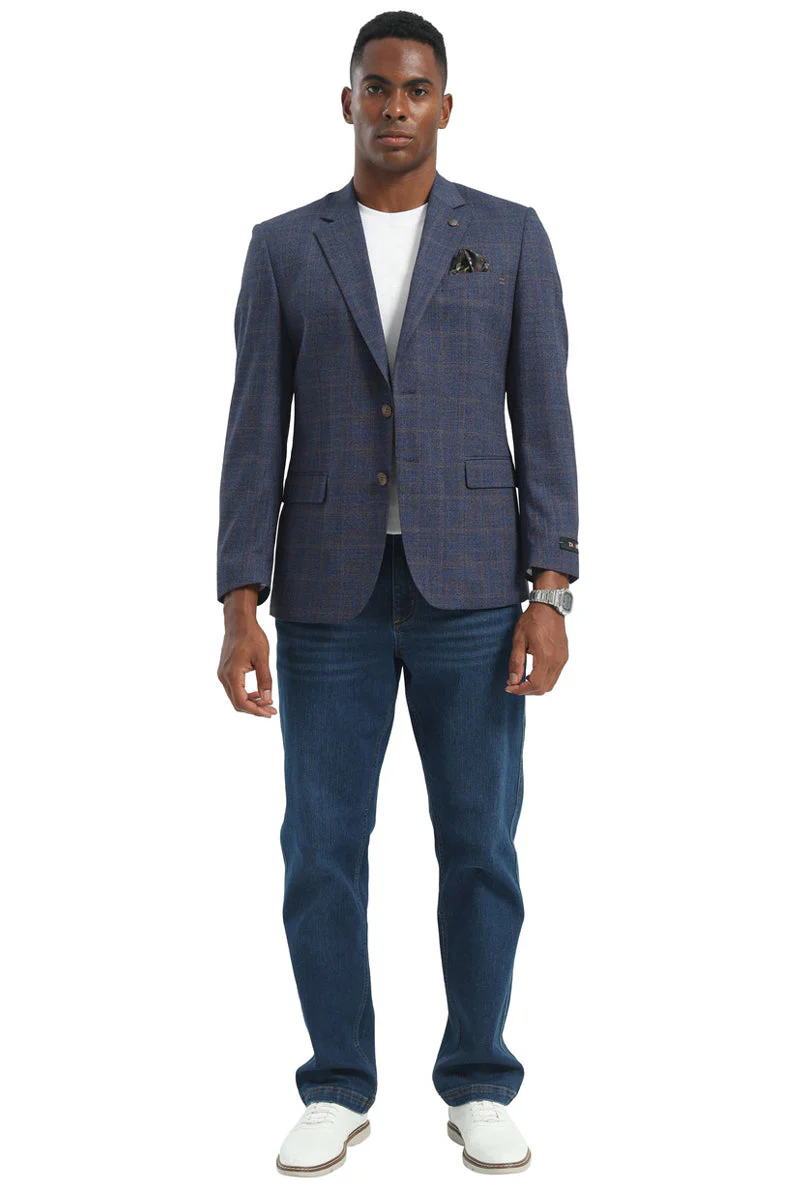 Men's Two Button Modern Fit Business Sport Coat in Navy Blue & Tan Windowpane Plaid - Image 4