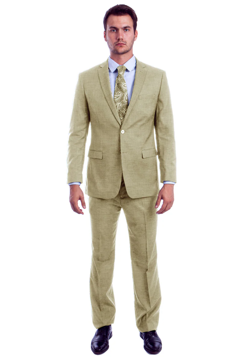 Men's Two Button Modern Fit Linen Look Summer Suit in Light Beige - Image 2