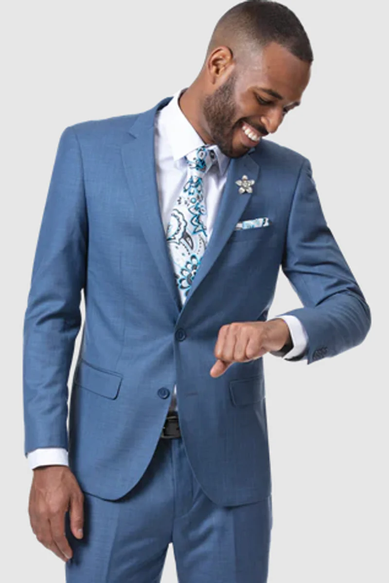 Mens Two Button Modern Fit Sharkskin Weave Suit in French Blue