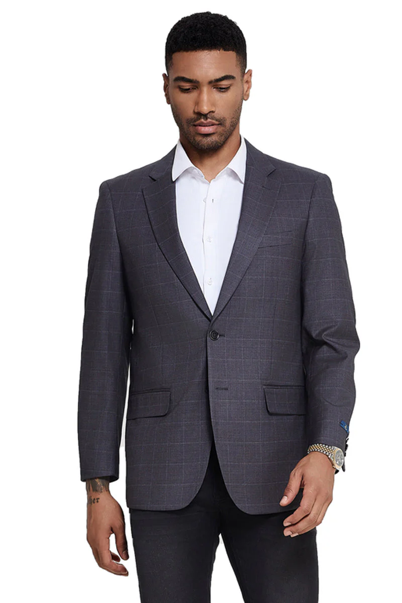Men's Two Button Modern Fit Sport Coat in Grey Windowpane Plaid