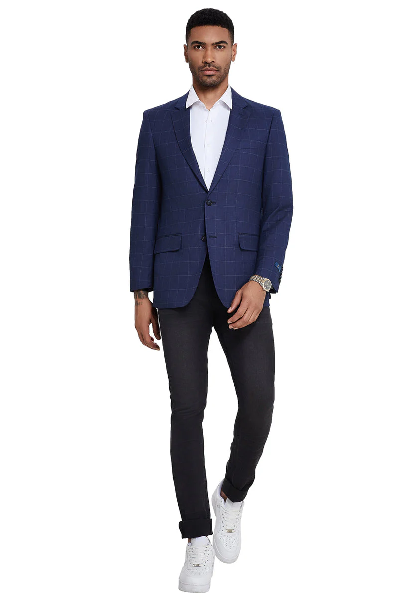 Men's Two Button Modern Fit Sport Coat in Navy Windowpane Plaid - Image 2
