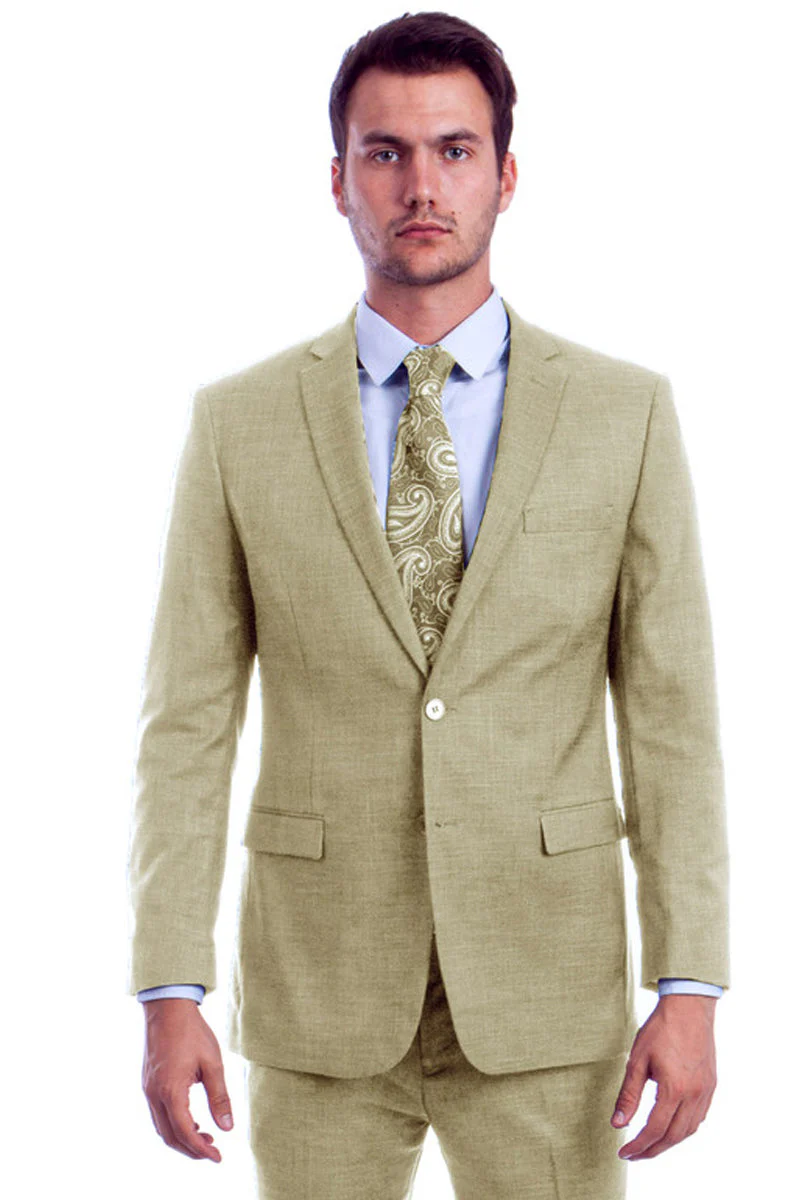Men's Two Button Modern Fit Summer Sharkskin Suit in Beige