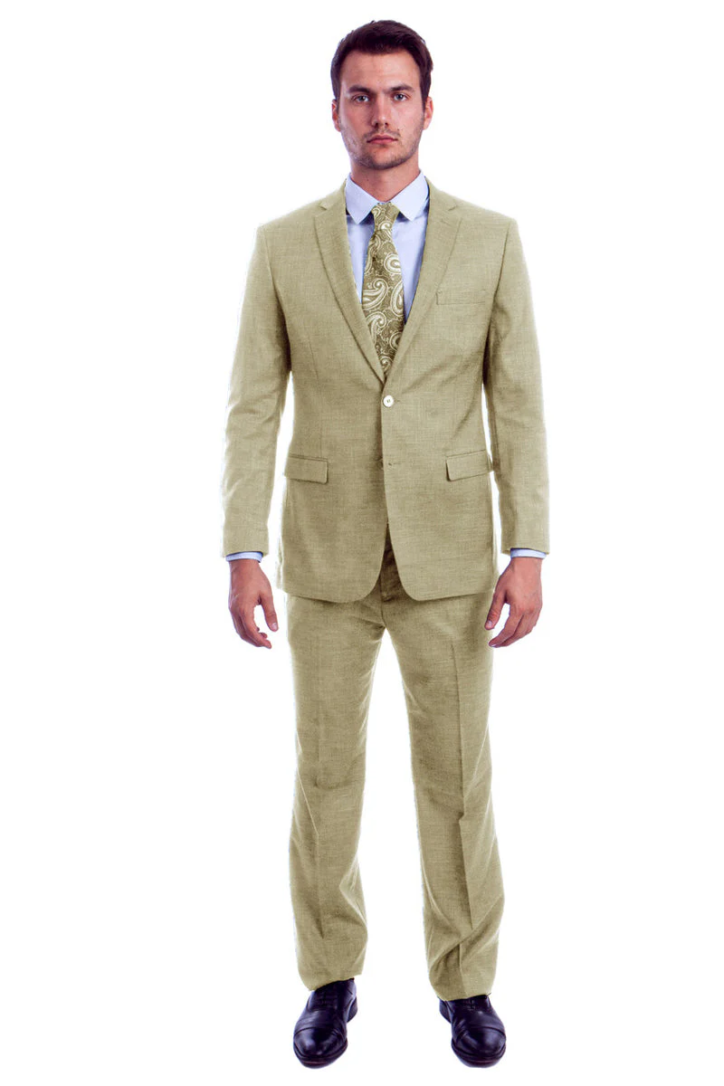 Men's Two Button Modern Fit Summer Sharkskin Suit in Beige - Image 2