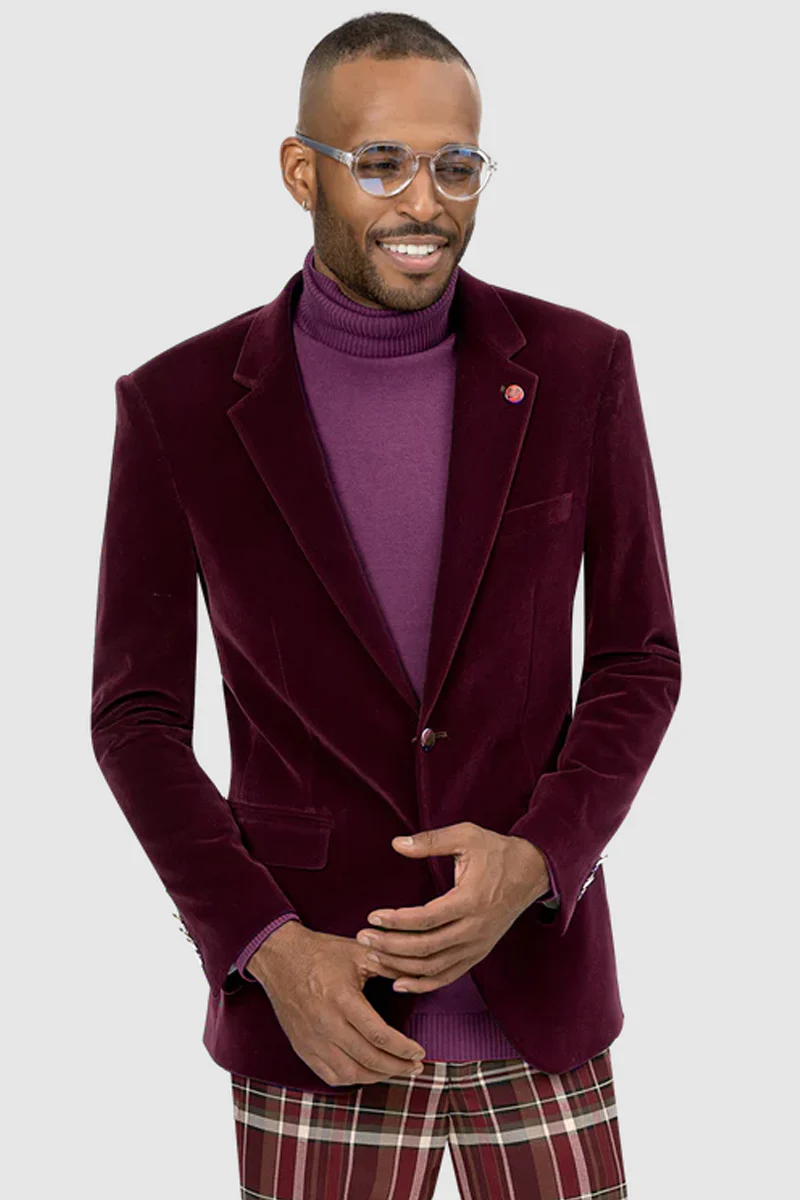 Mens Two Button Modern Fit Velvet Blazer in Burgundy