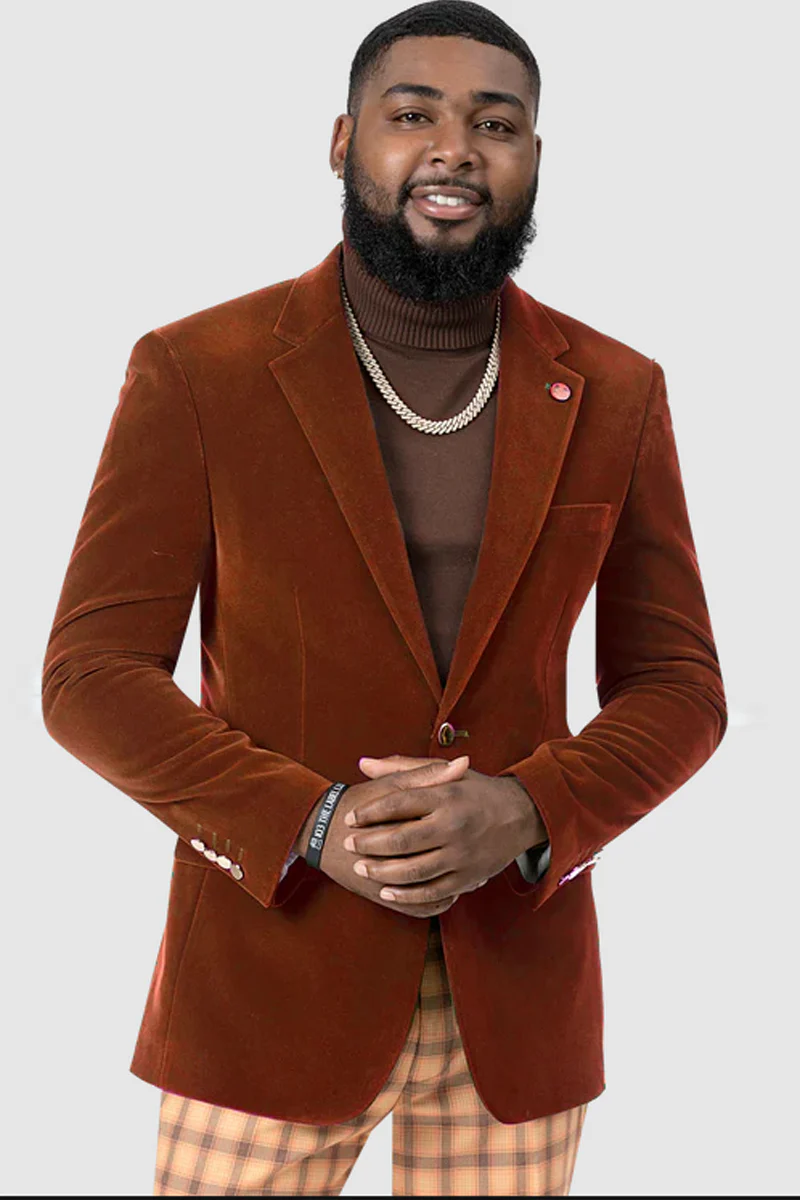 Mens Two Button Modern Fit Velvet Blazer in Rust