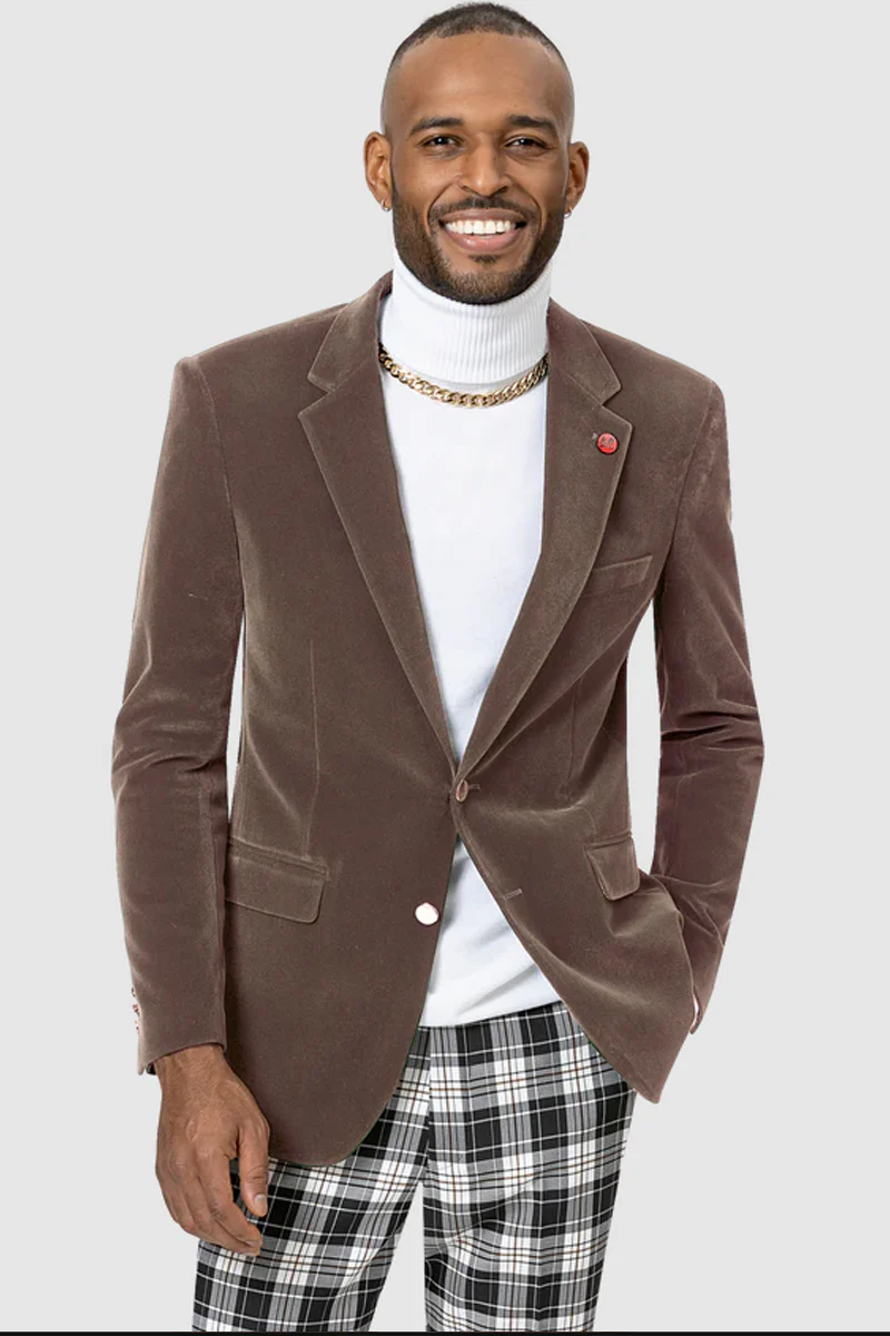 Mens Two Button Modern Fit Velvet Blazer in Taupe