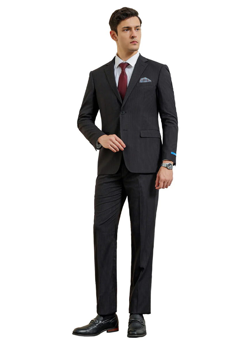 Men's Two Button Modern Fit Vested Business Suit in Black Pinstripe - Image 2