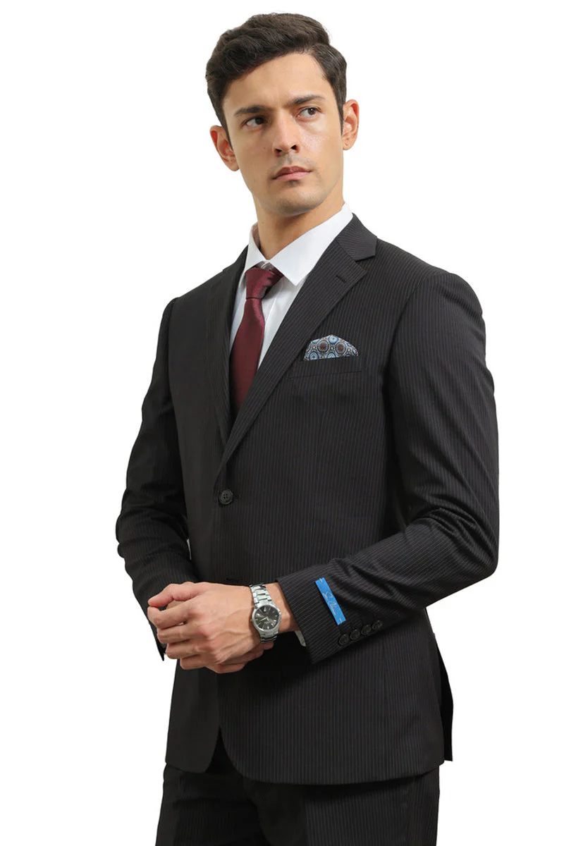 Men's Two Button Modern Fit Vested Business Suit in Black Pinstripe - Image 3