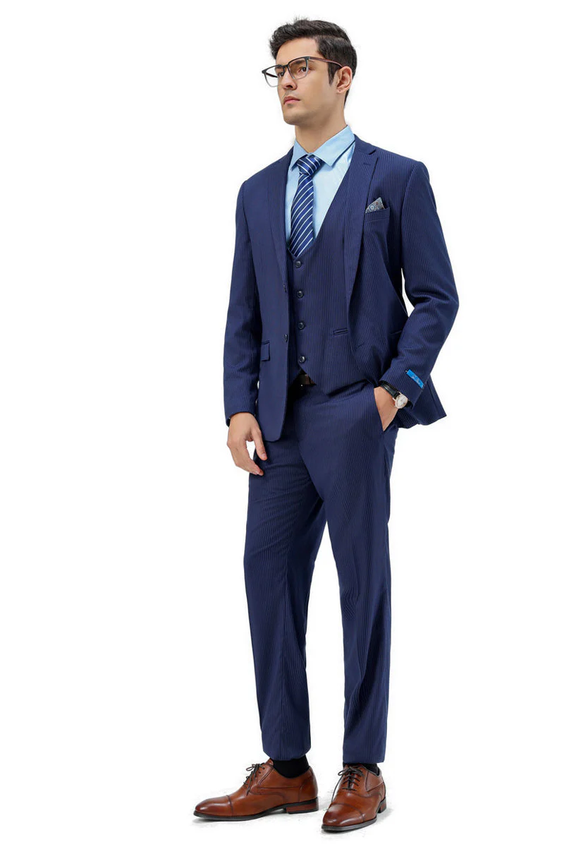 Men's Two Button Modern Fit Vested Business Suit in Blue Pinstripe - Image 2