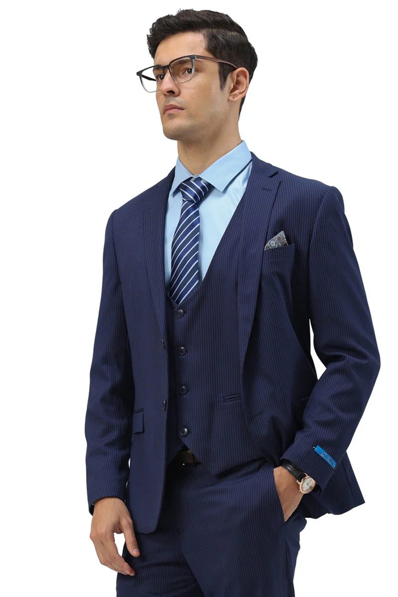 Men's Two Button Modern Fit Vested Business Suit in Blue Pinstripe - Image 3