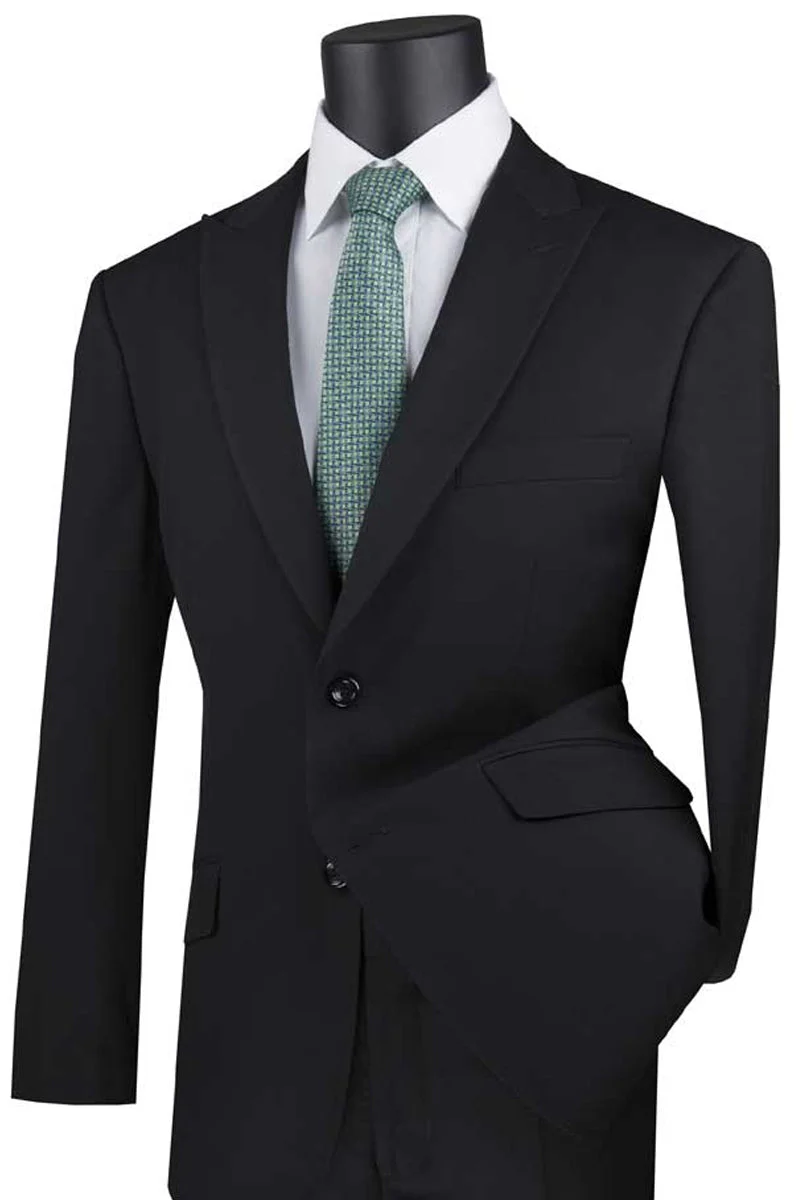 Men's Two Button Modern Fit Wide Peak Lapel Wool Feel Suit in Black