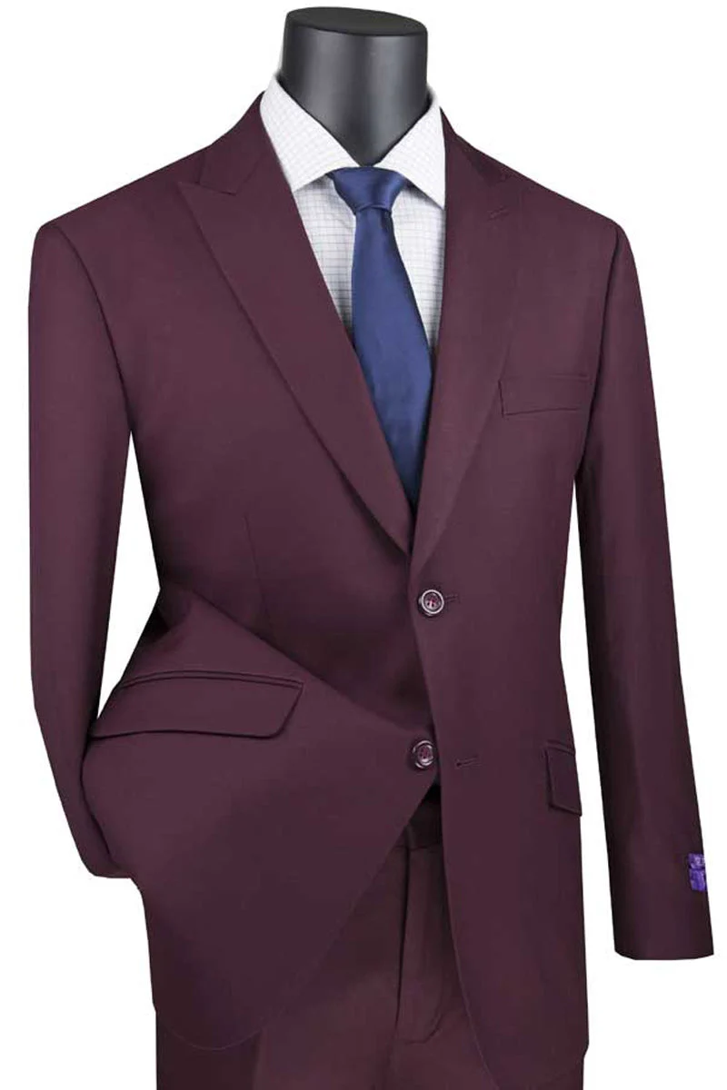 Men's Two Button Modern Fit Wide Peak Lapel Wool Feel Suit in Burgundy