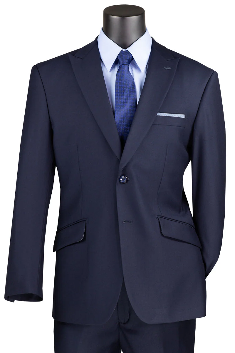 Men's Two Button Modern Fit Wide Peak Lapel Wool Feel Suit in Navy Blue