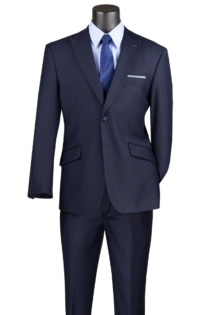Men's Two Button Modern Fit Wide Peak Lapel Wool Feel Suit in Navy Blue - Image 2