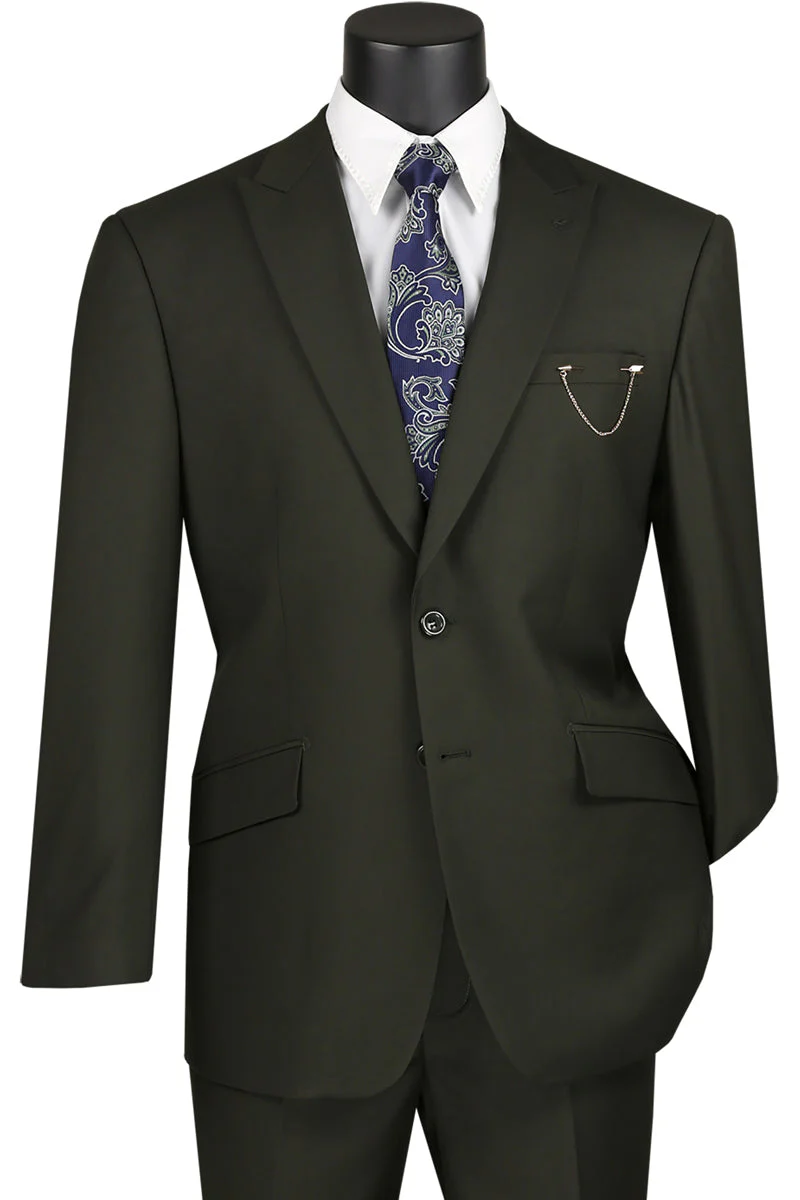 Men's Two Button Modern Fit Wide Peak Lapel Wool Feel Suit in Olive Green