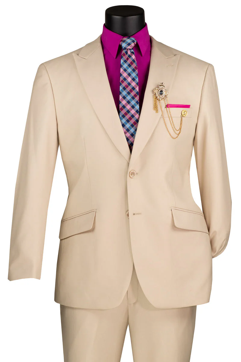 Men's Two Button Modern Fit Wide Peak Lapel Wool Feel Suit in Tan