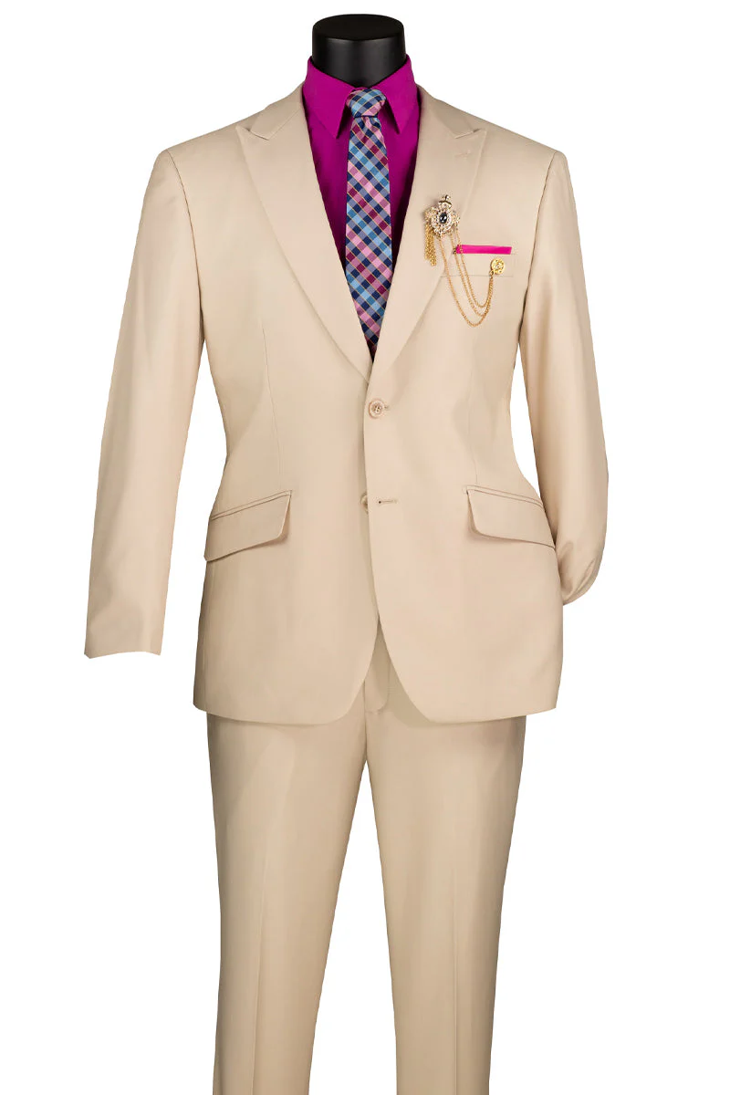 Men's Two Button Modern Fit Wide Peak Lapel Wool Feel Suit in Tan - Image 2