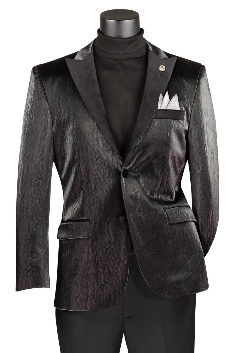Men's Two Button Peak Lapel Vegan Leather Blazer in Black