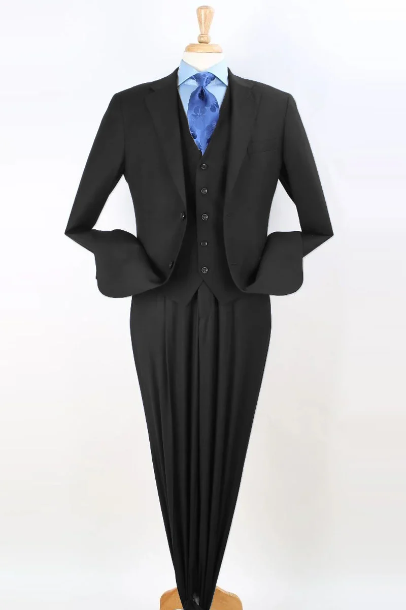 Mens Two Button Pleated Pant Classic Fit Vested Suit in Black