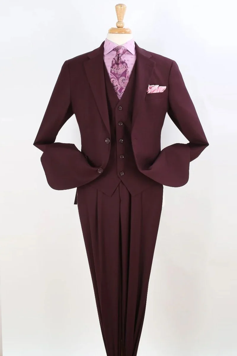 Mens Two Button Classic Fit Vested Suit in Burgundy