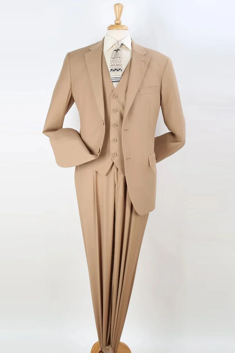 Mens Two Button Classic Fit Vested Suit in Camel