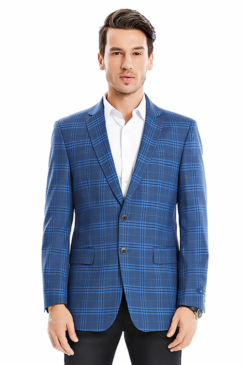 Men's Two Button Regular Fit Double Windowpane Plaid Blazer in Dark Blue