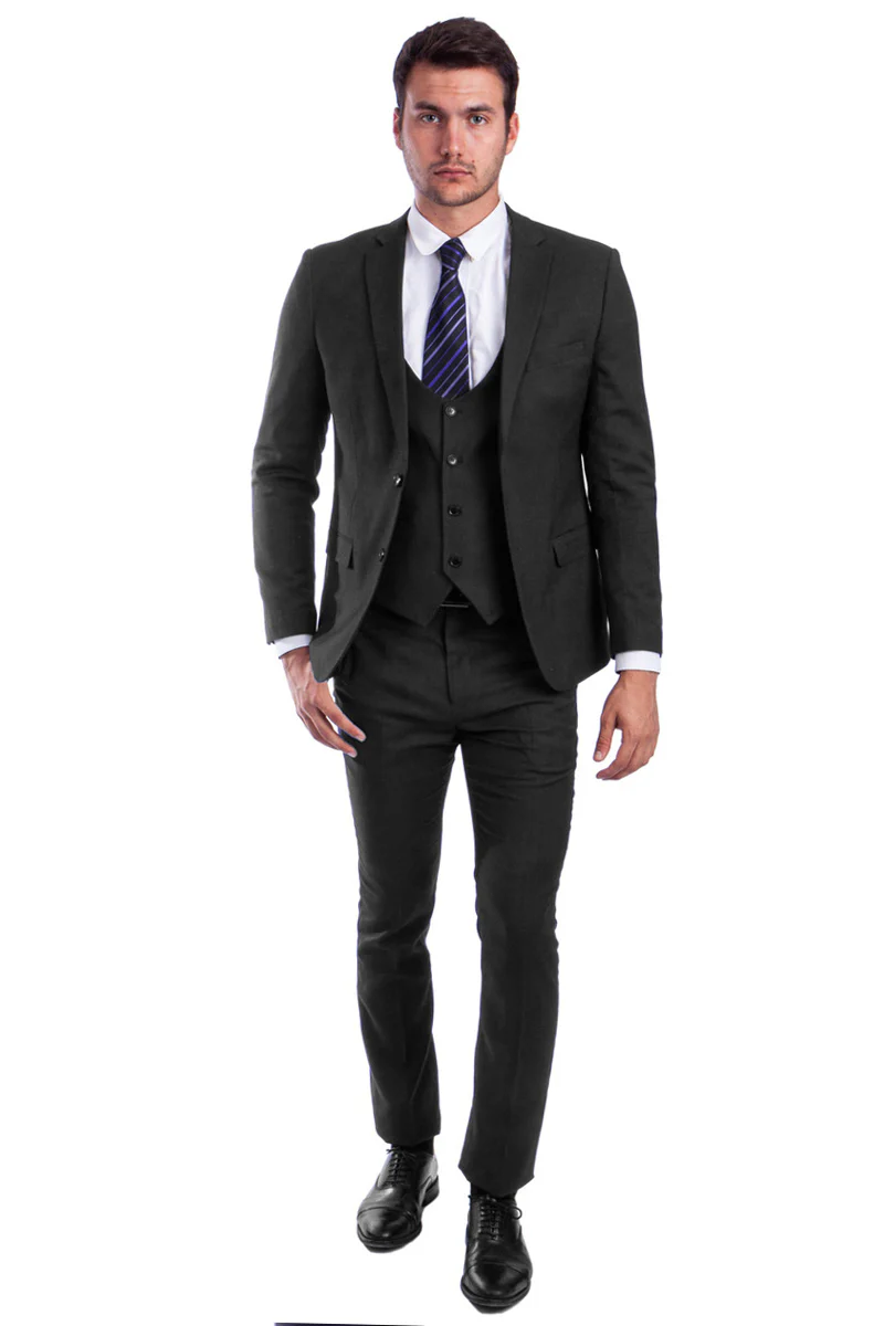 Men's Two Button Skinny Fit Vested Suit in Black - Image 2