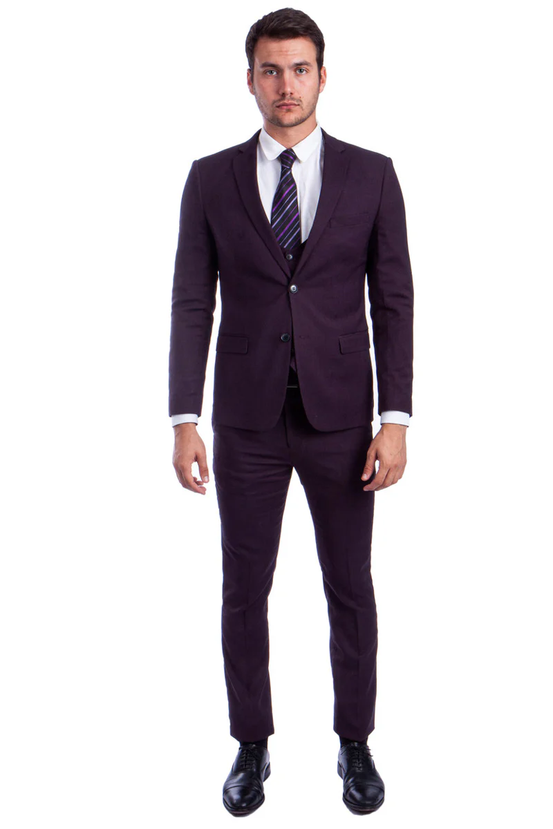 Men's Two Button Skinny Fit Vested Suit in Burgundy - Image 2